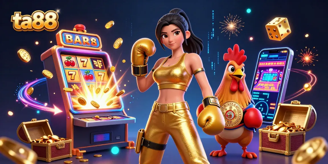 Experience exciting gaming action at ta88 with vibrant 3D illustrations of slot machines and championship-themed elements.