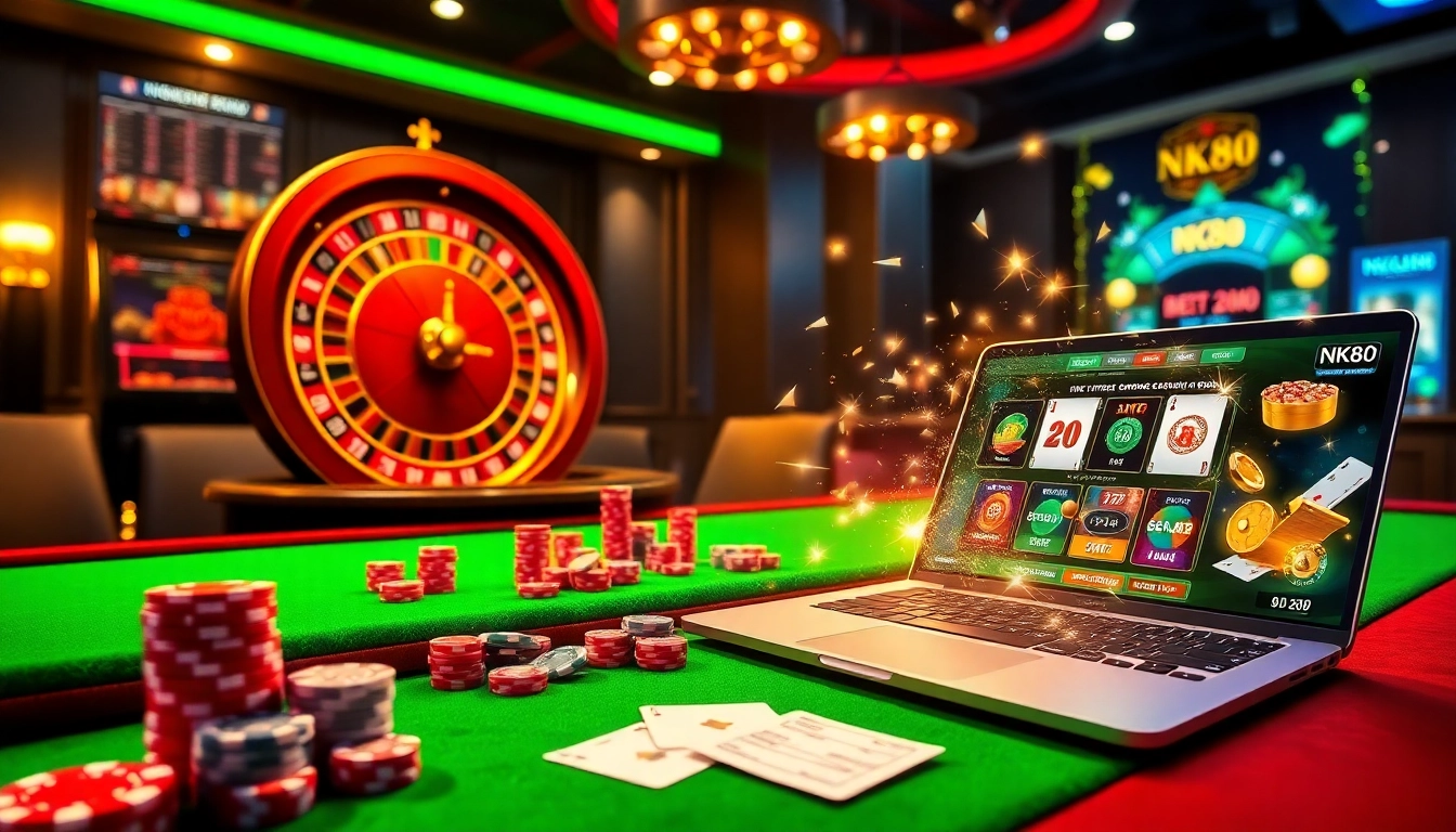 Engage in exciting online gambling at nk88.com with vibrant casino elements and luxurious atmosphere.