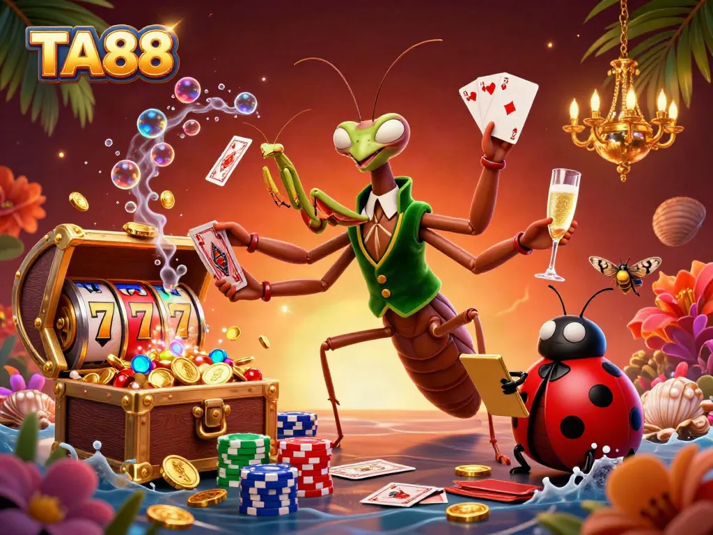 Experience the excitement of TA88 casino with this vibrant 3D illustration showcasing a giant praying mantis card sharp, dynamic gameplay elements, and a lively atmosphere.
