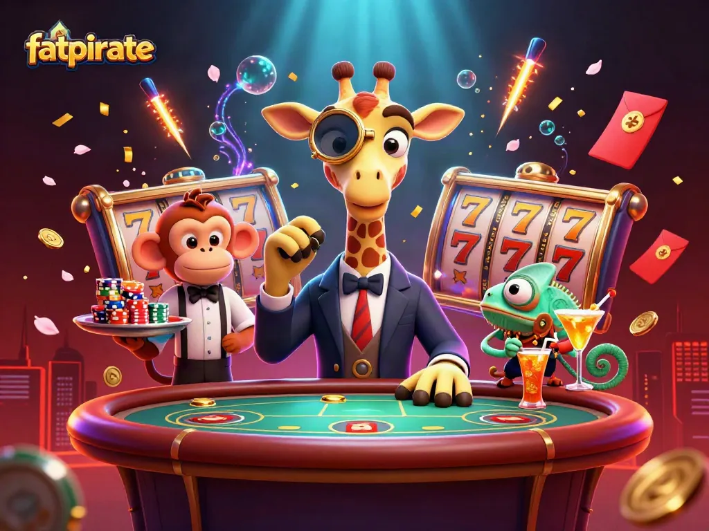 Experience the excitement of fatpirate casino with high-roller characters and slot reels in a vibrant scene.