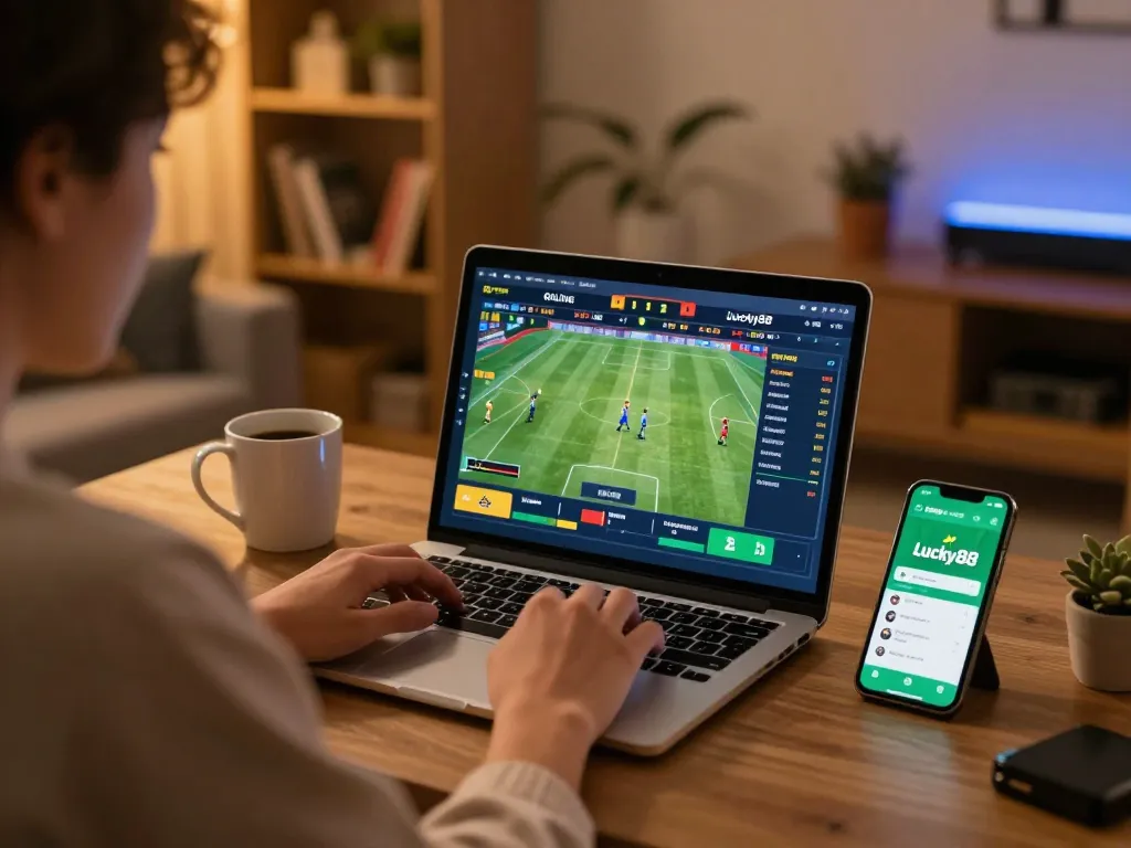 Person engaged in online sports betting at home using the Lucky88 app