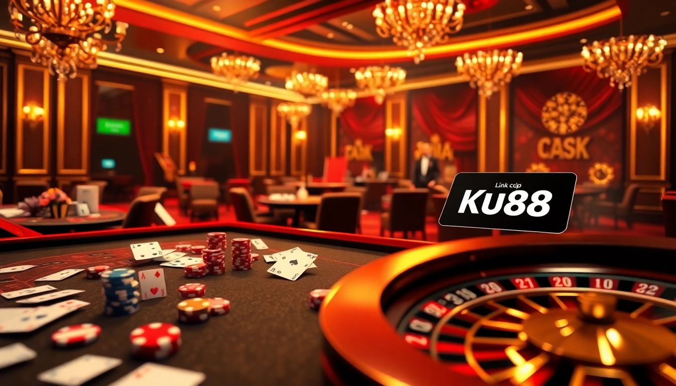 Engaging view of luxury casino gaming with Link truy cập Ku88 displayed prominently in the online interface.