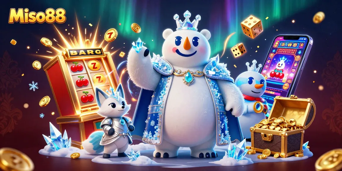 Miso88 showcases an electrifying casino experience with jackpot thrills, as the ice king and snow fox embrace the excitement.