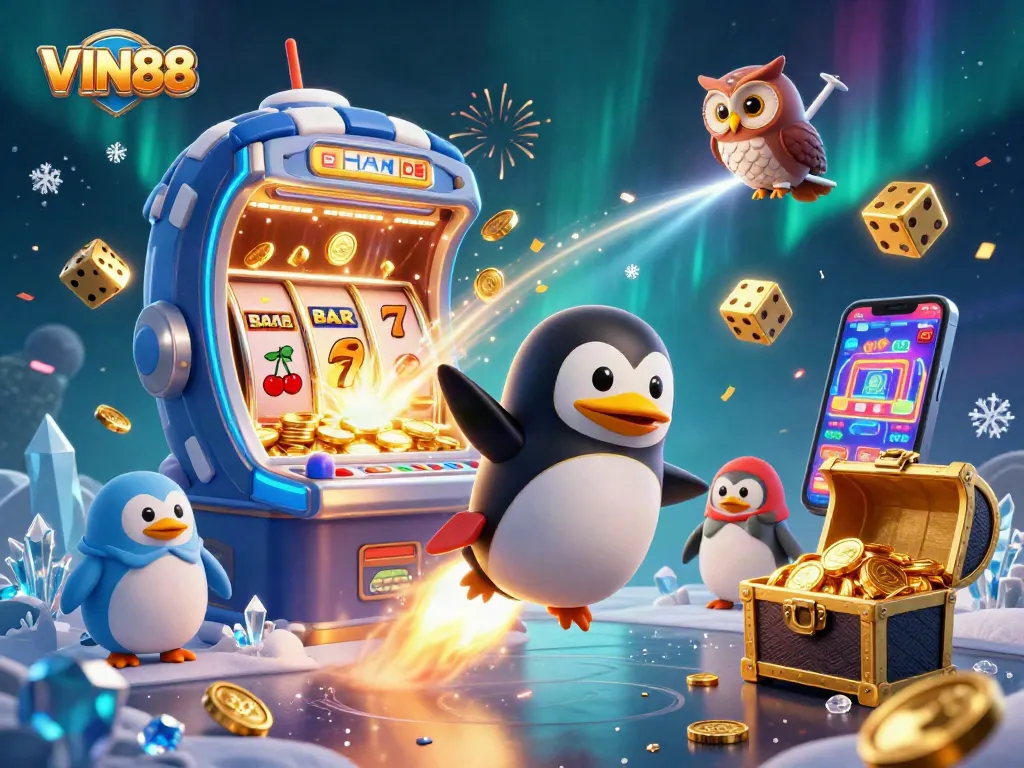 Experience thrilling wins at VIN88 with a vibrant 3D illustration of a rocket-powered penguin and casino elements.