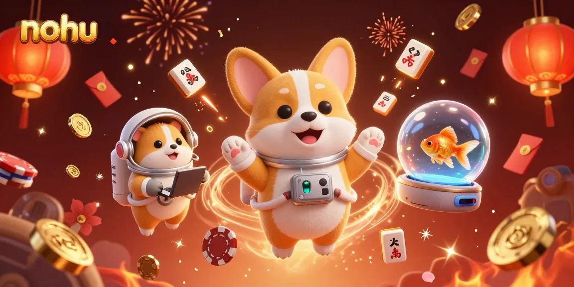 Experience the excitement of nohu with a floating astronaut corgi amid vibrant casino elements!