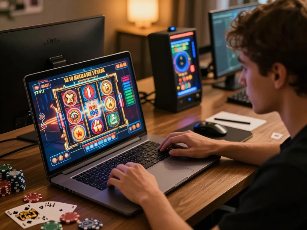 Engaging in a thrilling online game at DN88 with vibrant casino graphics displayed on the laptop.