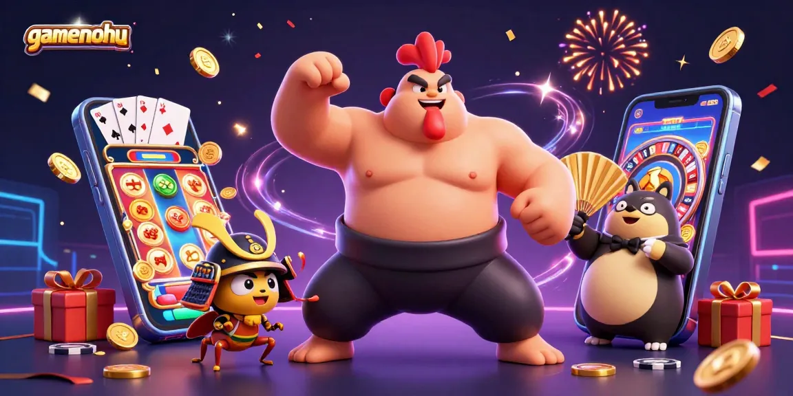Experience gamenohu with vibrant casino elements featuring a rooster, cricket, and announcer in this dynamic 3D illustration.