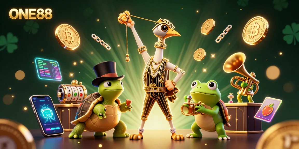 Experience ONE88 thrills with 3D characters celebrating slots amid vibrant crypto elements.