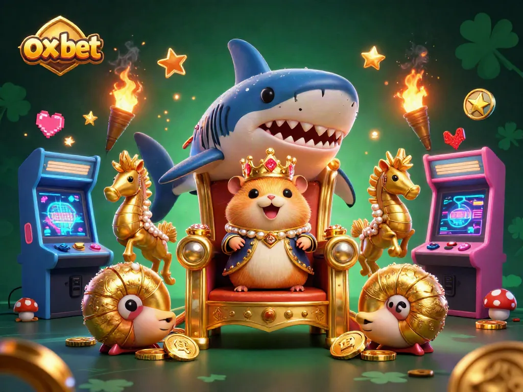 Engage with exciting games at ox bet featuring a golden hamster king on a megalodon throne.