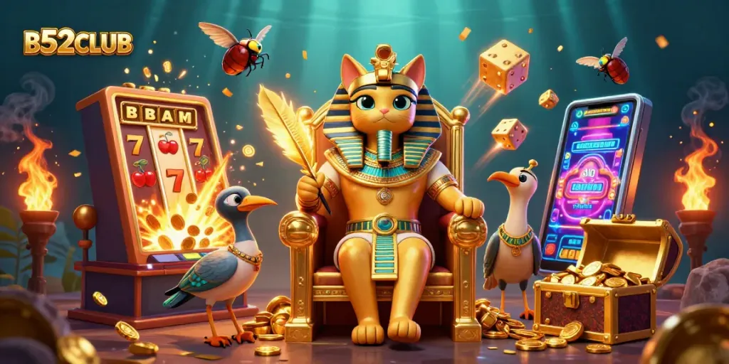 B52CLUB's magical gaming scene bursting with slot machine jackpots and vibrant casino elements.