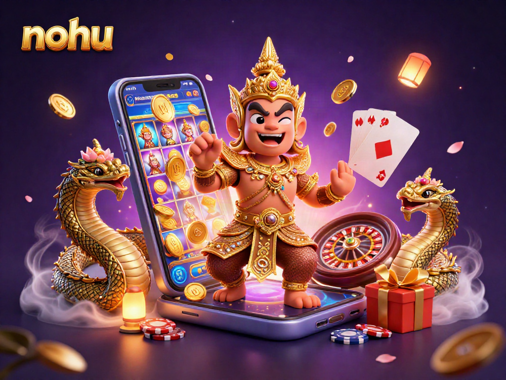 Nohu theme showcasing a vibrant 3D casino scene with interactive elements and friendly guardian characters.