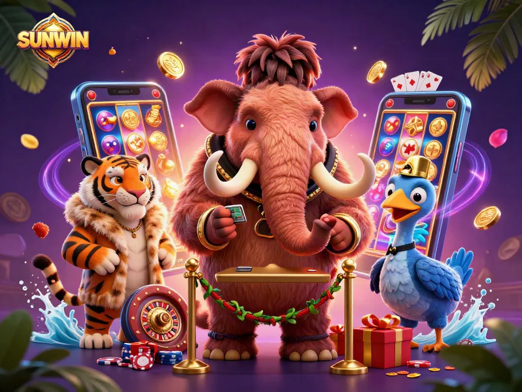 SUNWIN casino experience with a mammoth bouncer and a saber-tooth tiger guest enjoying vibrant games.