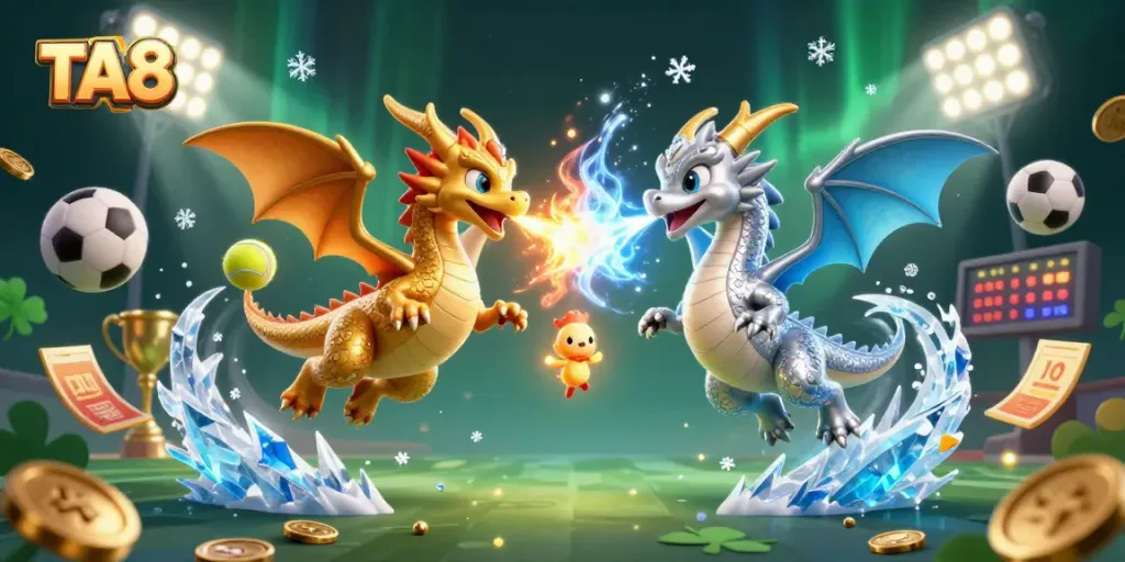 Betting on TA88: Dynamic scene with dragons and sports elements highlighting casino excitement