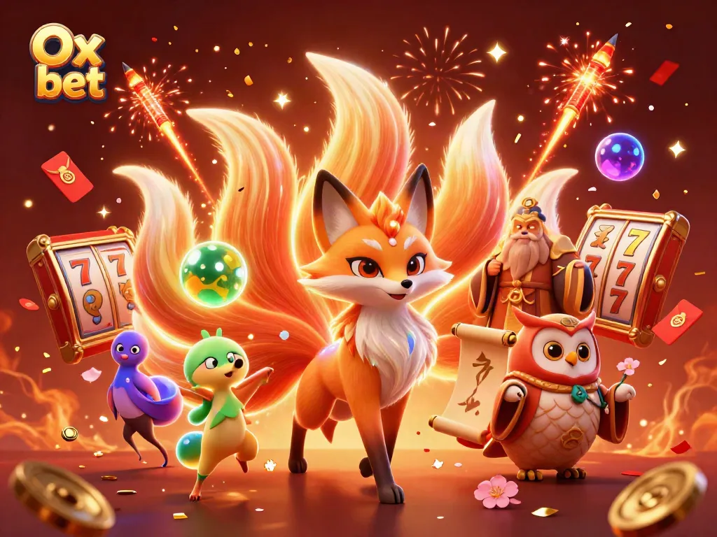 Get ready to win big with Ox bet, featuring a colorful fox spirit, lucky slots, and cheerful casino elements.