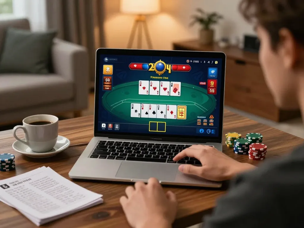 Nohu90 player strategizing in an engaging online poker game at home with cozy setup.