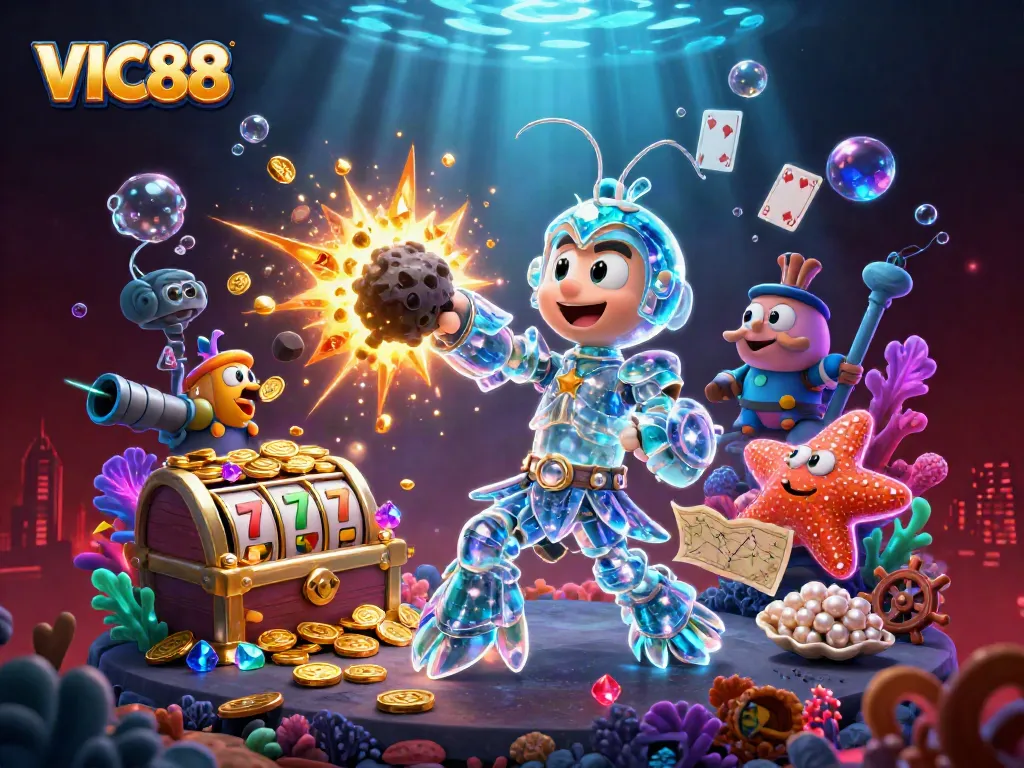 Experience VIC88's thrilling gameplay with a galactic samurai and vibrant casino elements in a stunning underwater scene.