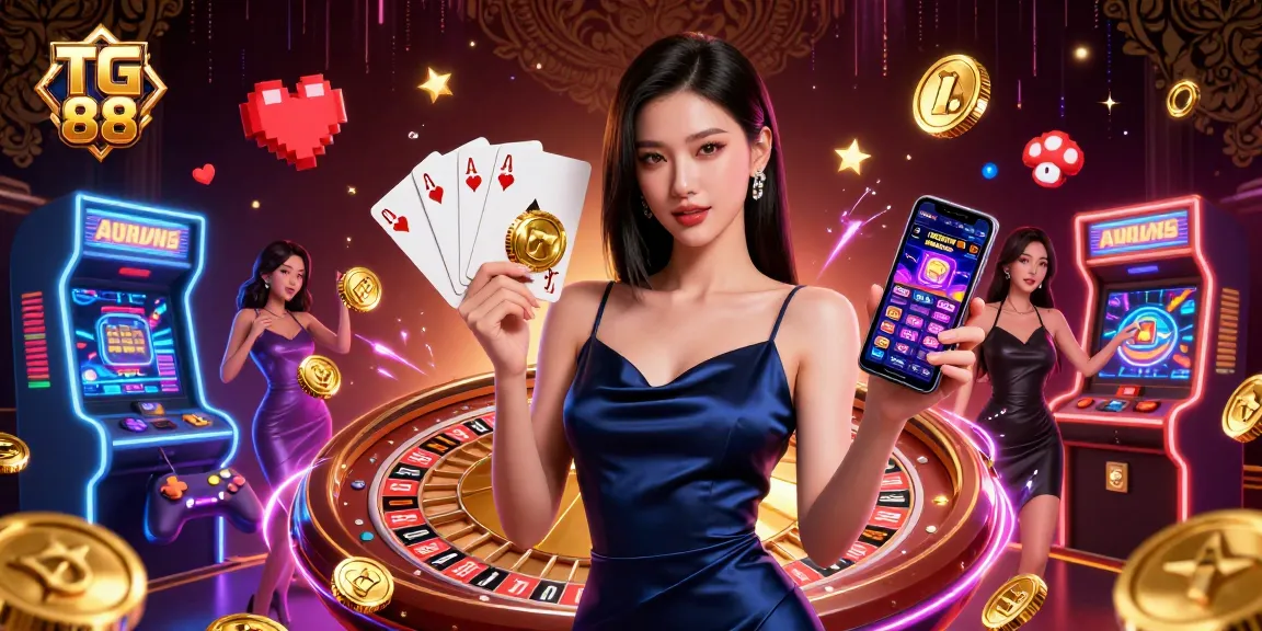 Engage in gaming and casino thrills with TG 88 - a vibrant casino scene featuring dynamic game elements.