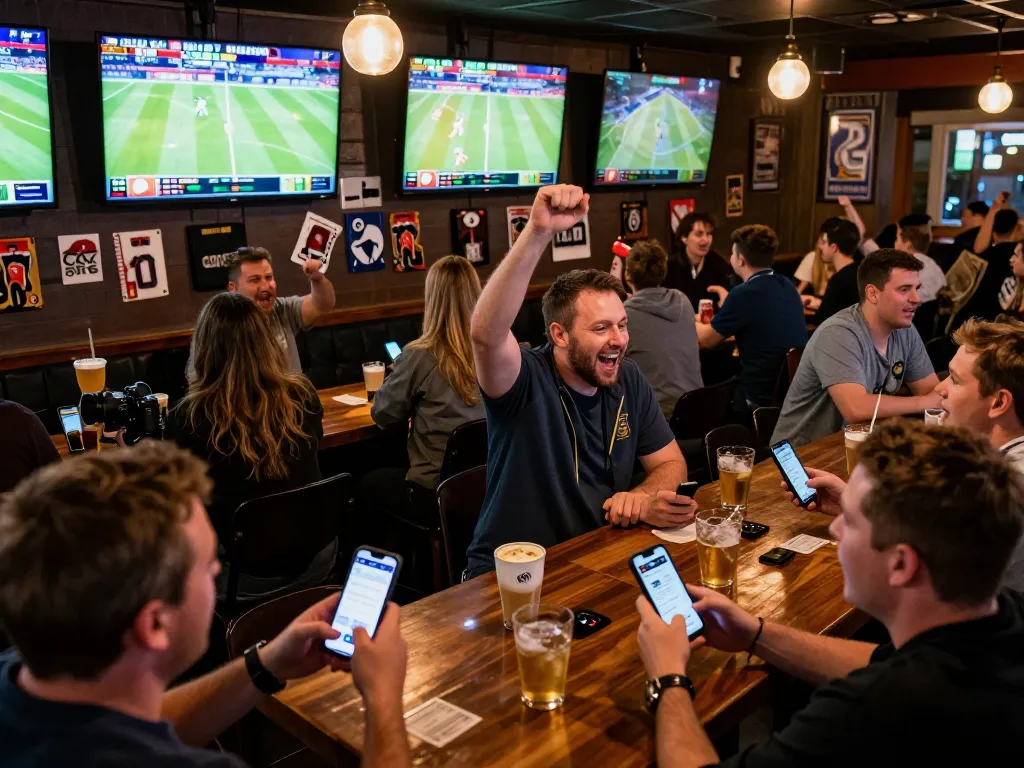 People engaging in sports betting at a lively venue, highlighting keonhacai5 betting apps on smartphones