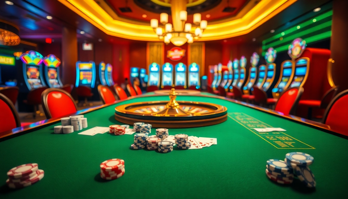 Experience the excitement of game bài at a vibrant casino table filled with cards and chips.