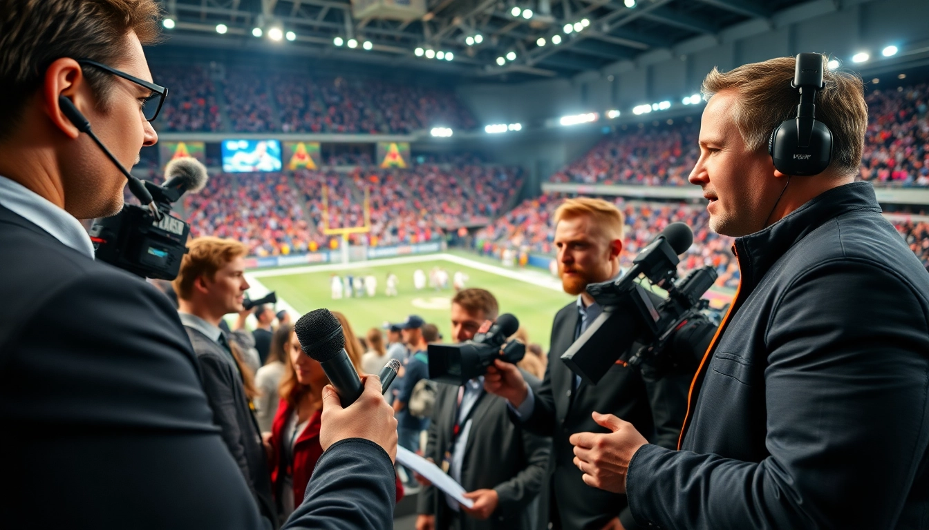 Engaged team covering live sports broadcasting with vibrant fans in background.