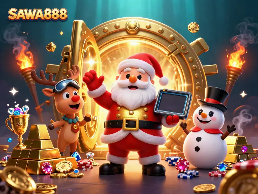 Experience the excitement of SAWA888 as Santa and friends celebrate jackpots amidst sparkling treasures.