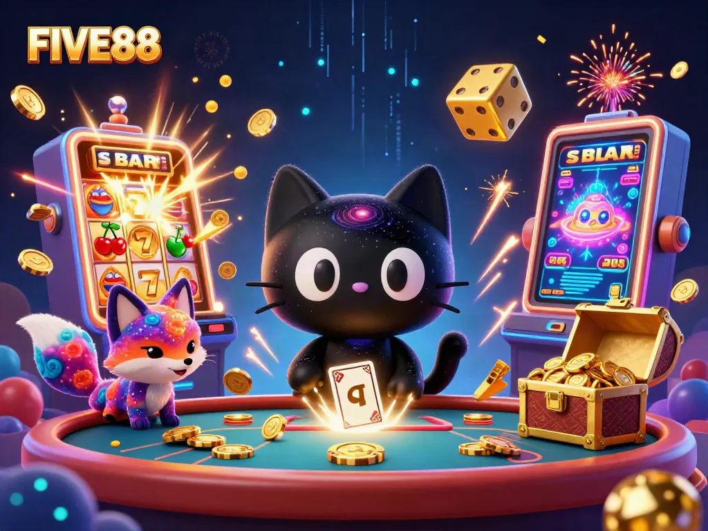 Engage in exciting gameplay at FIVE88 with our cosmic casino scene featuring vibrant characters and dynamic betting elements.