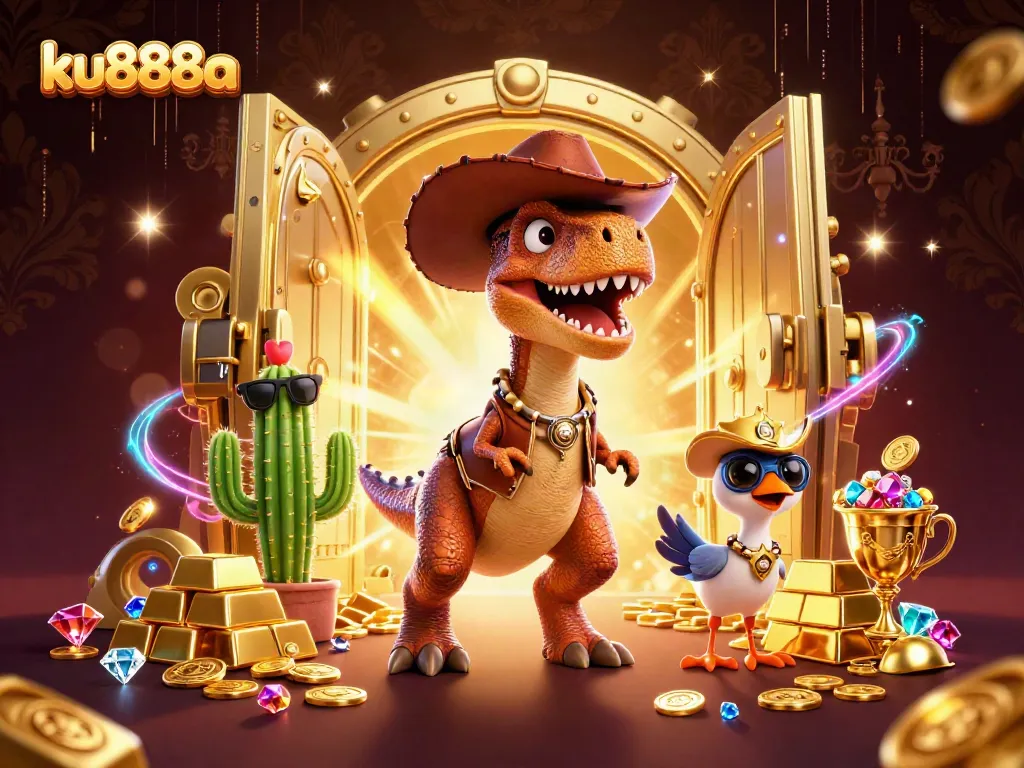 Engage in exciting gameplay at ku888a with a vibrant illustration featuring characters and gaming treasures.