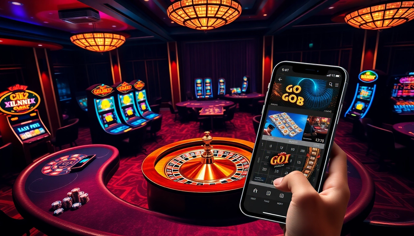 Go8 offers thrilling gaming experiences at a luxurious casino setting with vibrant tables and slot machines.