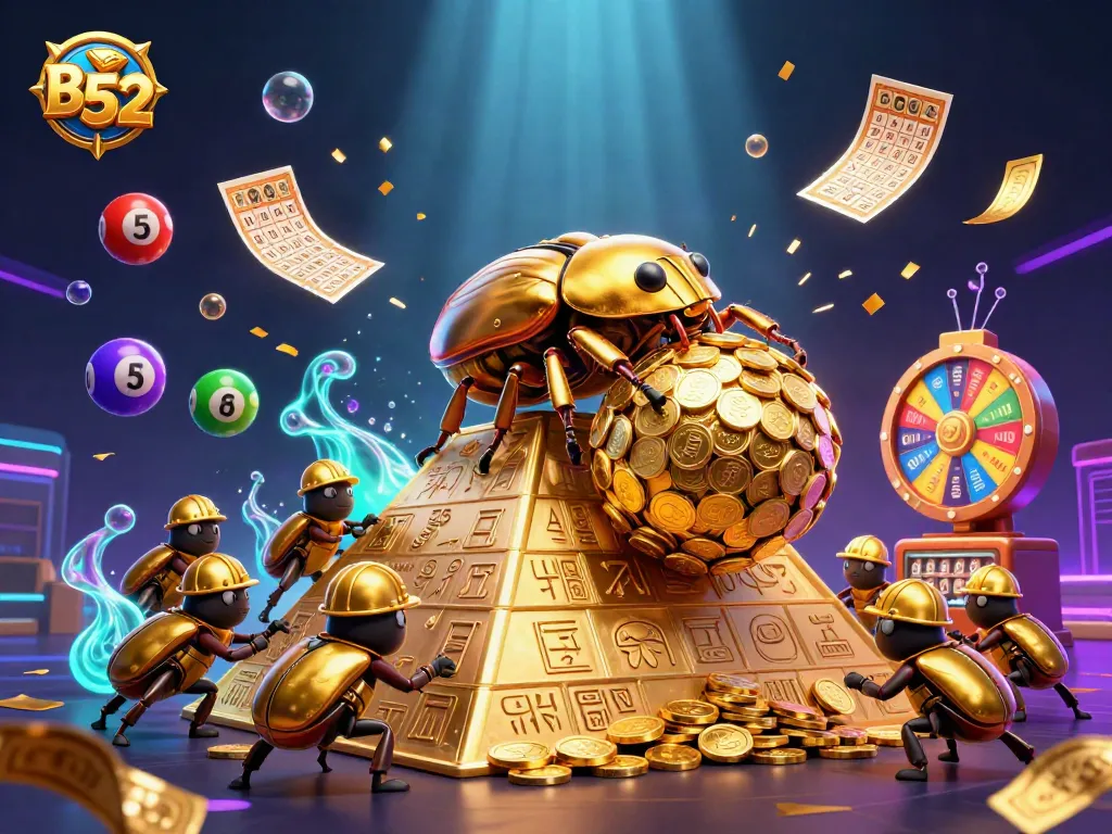 Engage with B 52's thrilling online casino experience amid colorful lottery symbols and golden riches.