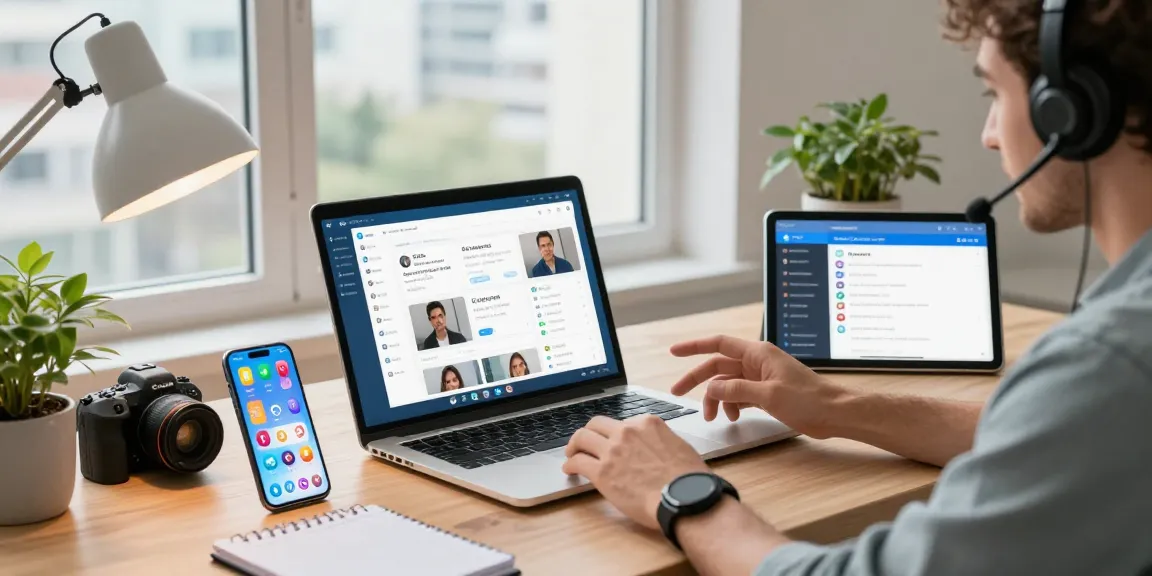Download Telegram on multiple devices showcasing chat and security features in a modern workspace.
