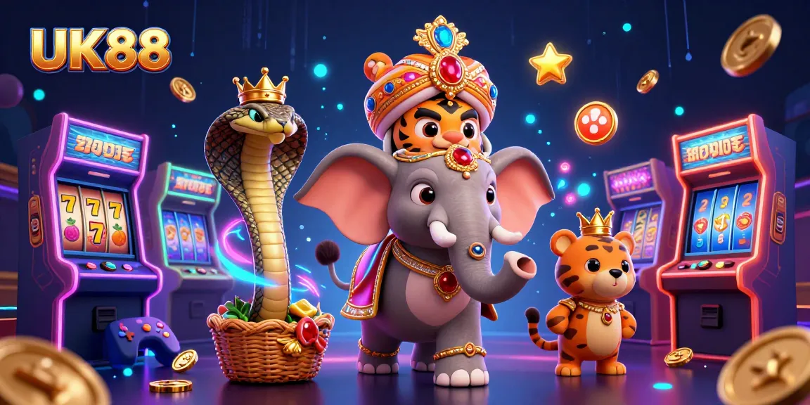 Engage in thrilling gameplay with UK88, featuring a majestic maharaja tiger and vibrant casino elements.