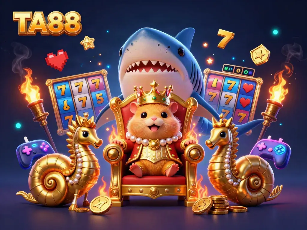 Experience the excitement of TA88 with the golden hamster king and slot reels.