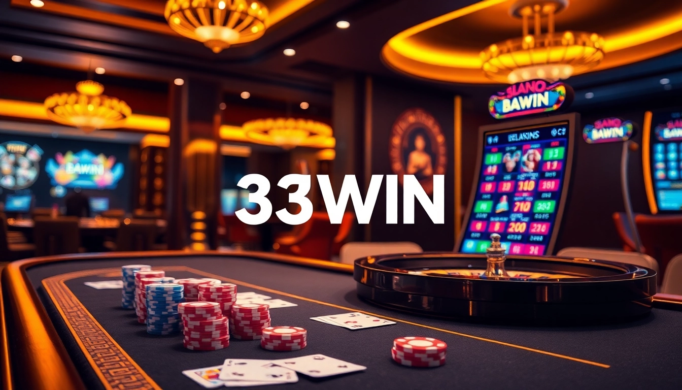 Experience the excitement of 33WIN with vibrant casino tables and lively slot machines.