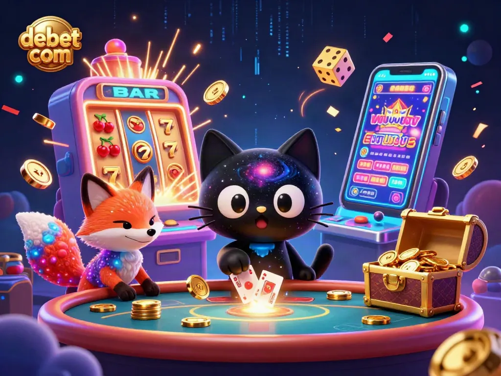 Join the excitement at debet com with a vibrant casino illustration featuring a black hole cat and cosmic elements.