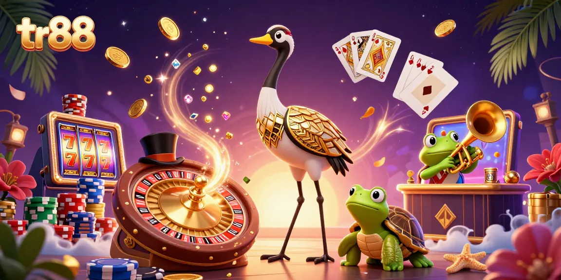 Play tr88 and engage in a vibrant casino scene with animated characters and sparkling gaming elements.