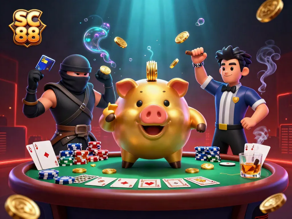 Engage in thrilling gameplay with SC 88, featuring a dynamic scene with a golden piggy bank sumo wrestler and betting elements.