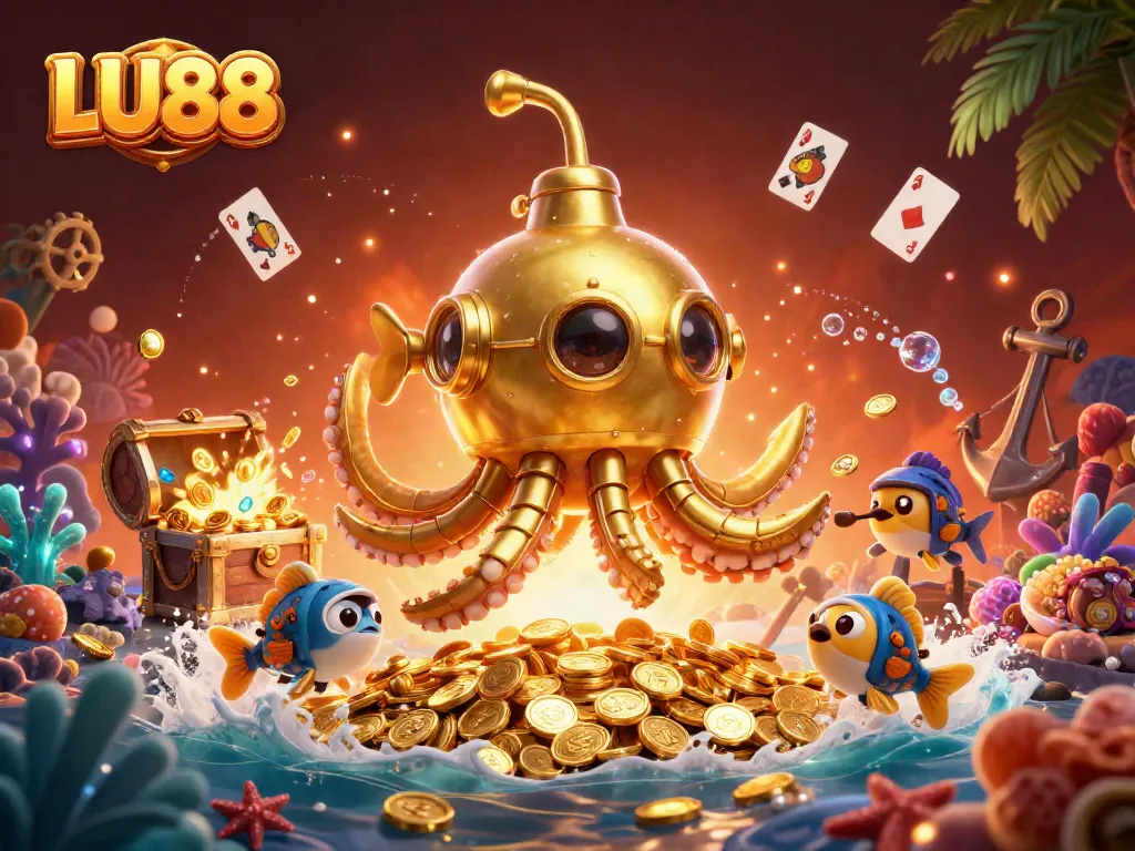 Experience thrilling gambling adventures with LU88 in a vibrant underwater scene filled with golden coins.