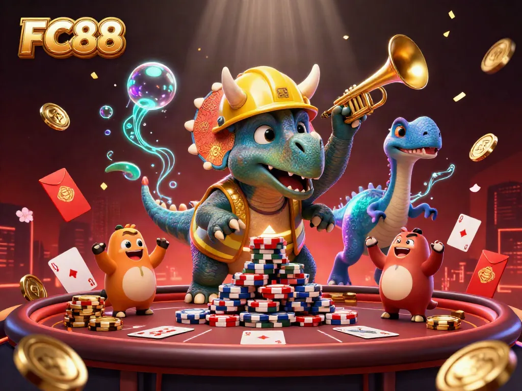 FC88 goes wild with a 3D cartoon triceratops and casinos, celebrating big wins at the poker table.