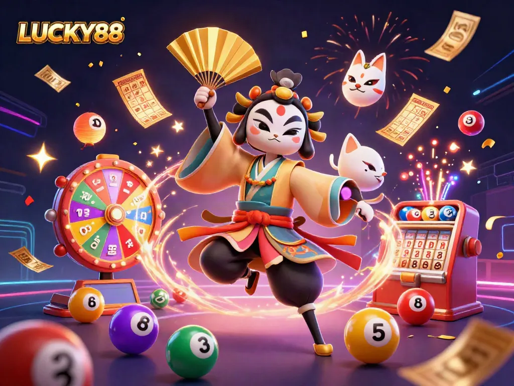 Engage with LUCKY88's vibrant gaming world featuring kabuki warriors and lottery elements.