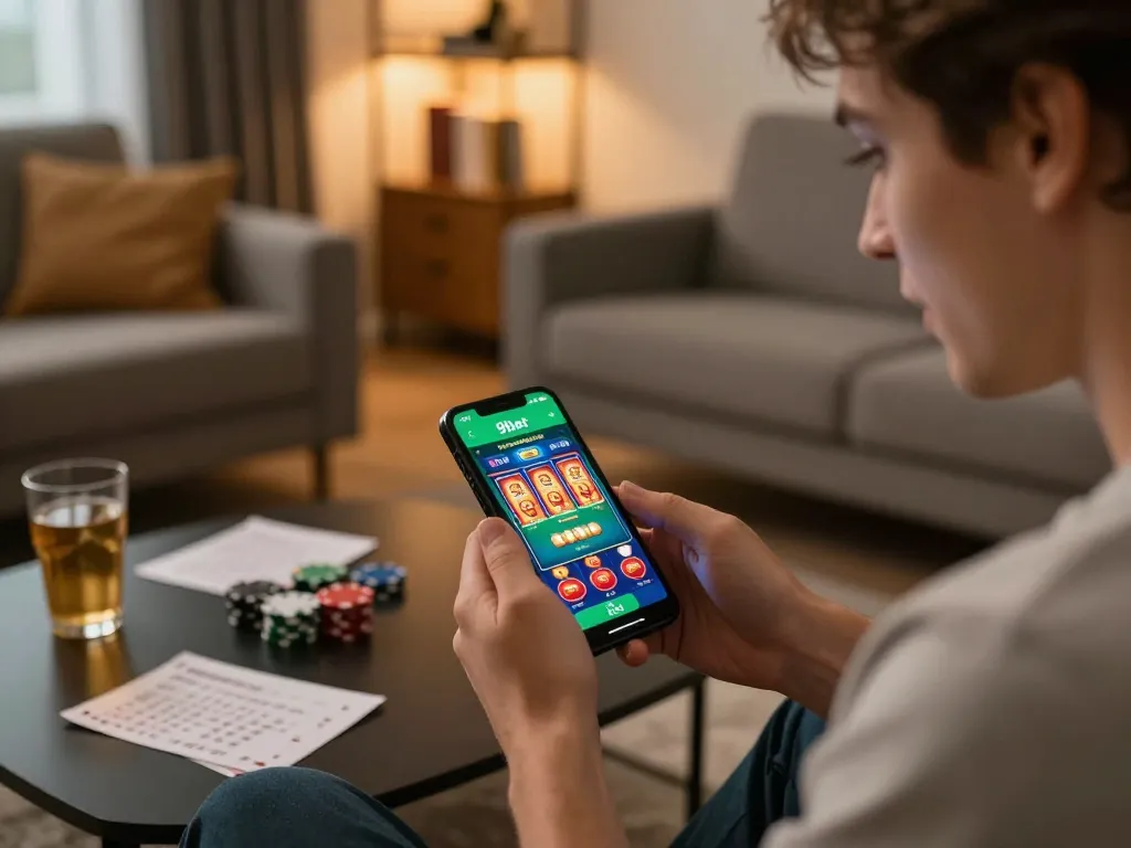 Tải app 9bet and enjoy mobile gaming on a cozy living room sofa with vibrant casino graphics.