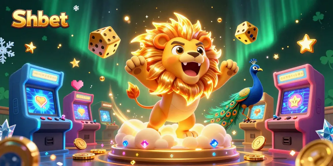 Join the excitement at Shbet with a dazzling 3D casino scene filled with golden dice and vibrant gaming elements.