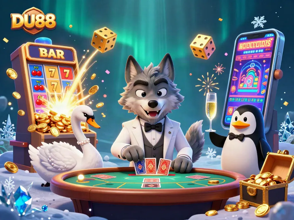 Experience thrilling gameplay at DU88 with our cartoon scene featuring dynamic characters and a lively casino backdrop.