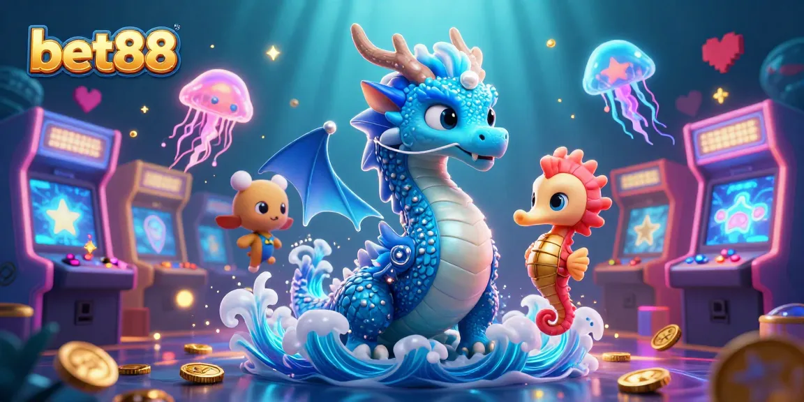 Experience thrilling gameplay at bet88 with vibrant casino-themed 3D illustration featuring a magical water dragon and arcade elements.