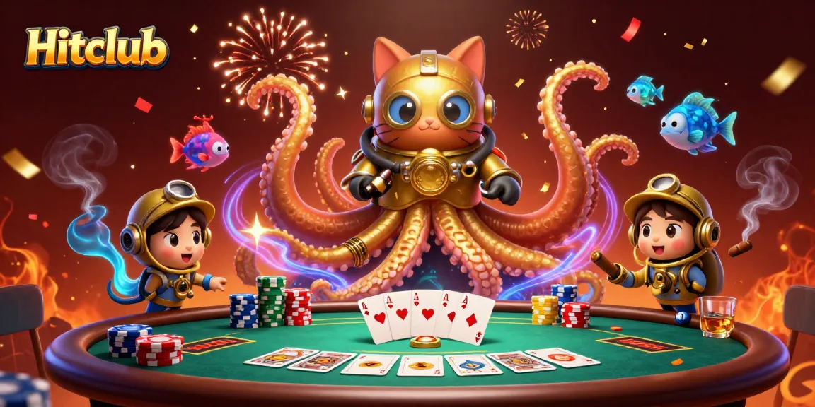 Experience thrilling games at Hitclub with a kraken, diving cat, and vibrant casino elements.