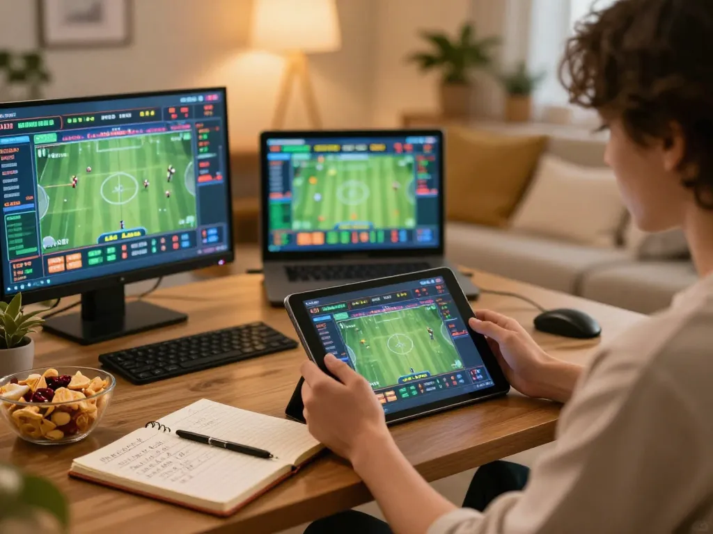 9BET user strategizing sports betting on tablet in cozy home setting with snacks.