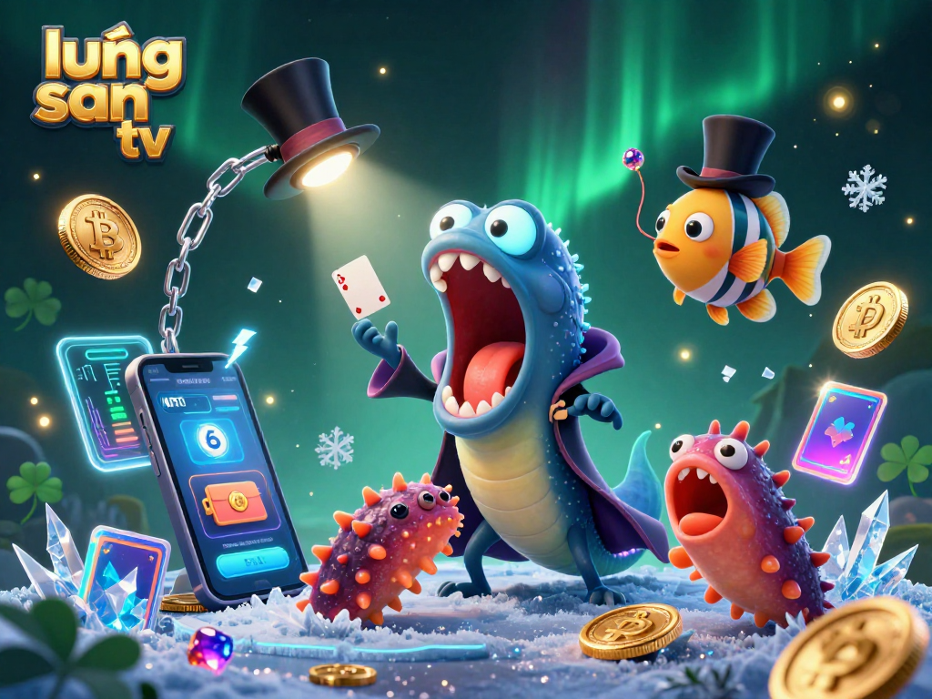 Lương Sơn TV showcases a magical scene featuring a gulper eel performing card tricks among neon coins, emphasizing an engaging online gambling experience.