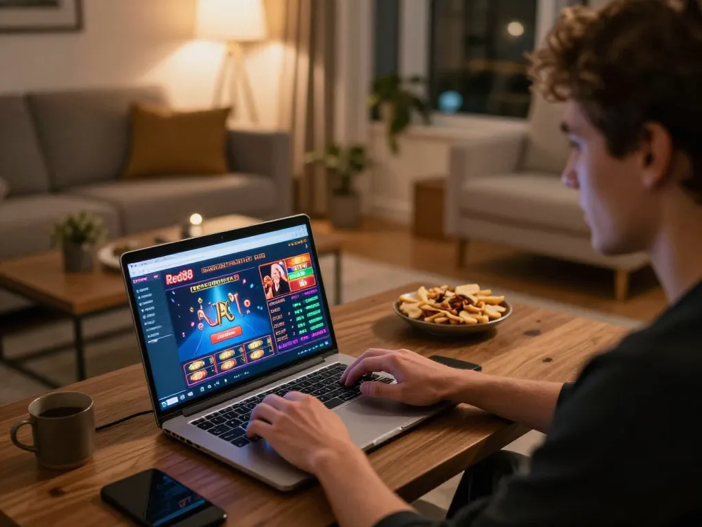 Engaging in thrilling Red88 online casino gameplay on a laptop in a cozy living room