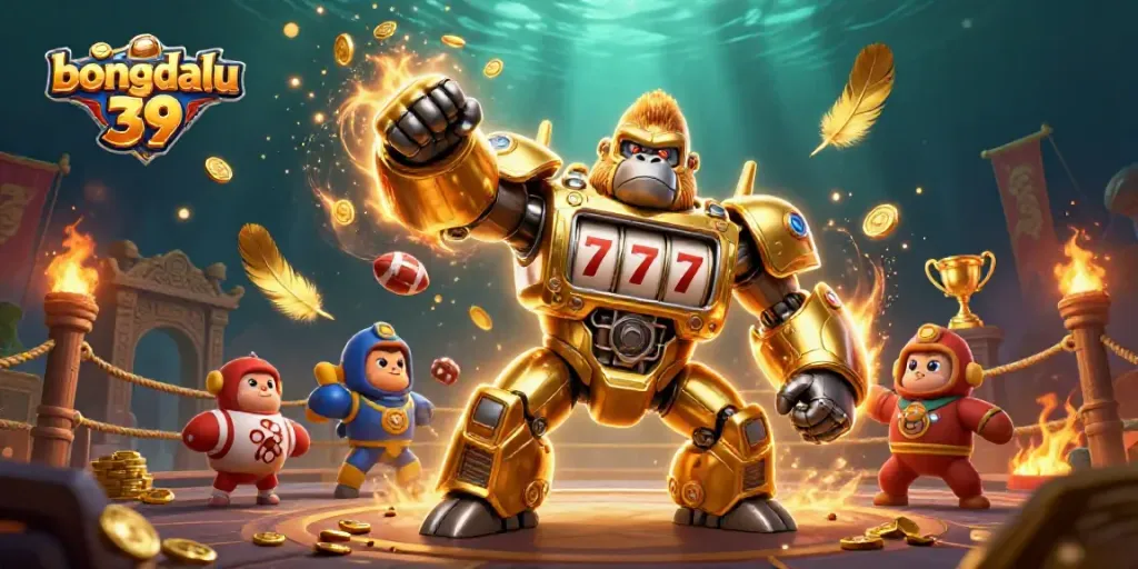 Experience bongdalu 39's thrilling gaming atmosphere with a golden gorilla mech and coins exploding in action.