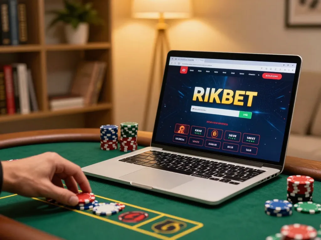 Player engaging in exciting RIKBET online casino gaming on a laptop with chips ready for betting.