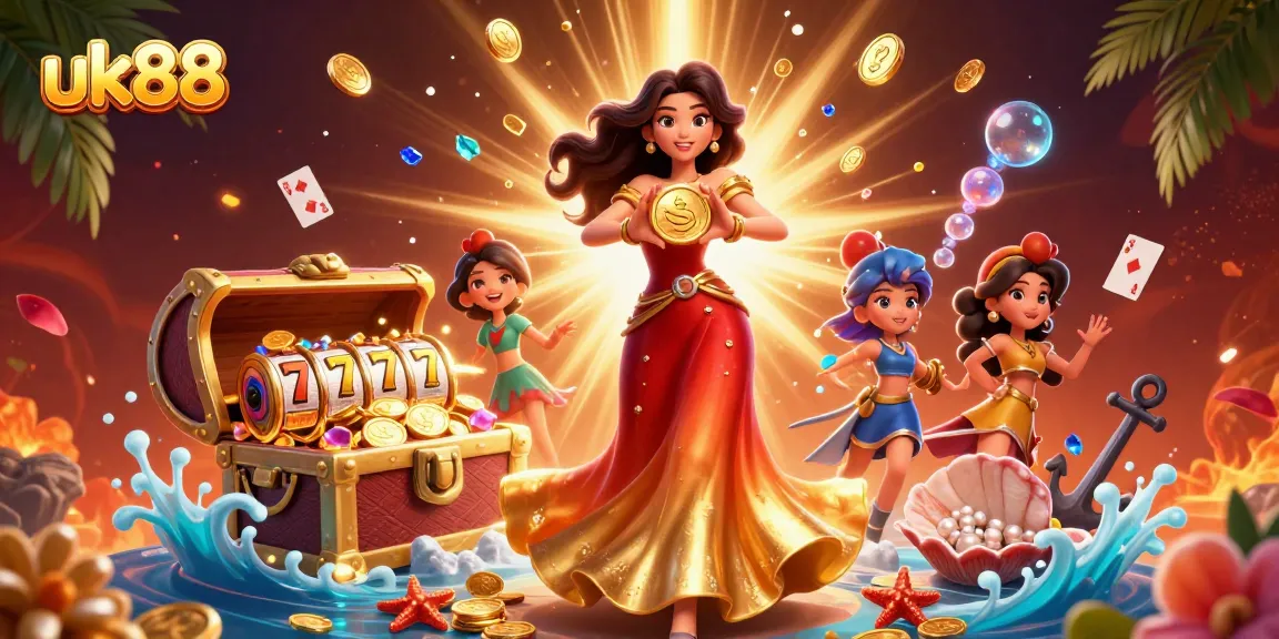 Experience the thrilling excitement of uk88 as stunning slots and golden treasures surround a beautiful character.